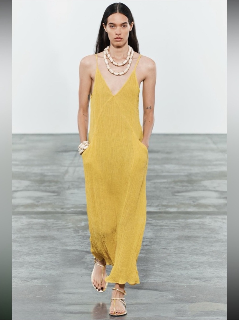 Zara 100% linen Mustard Yellow V-Neck Maxi Slip Dress - Picture 4 of 9